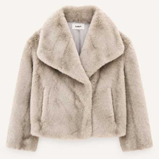 light grey fuzzy faux fur jacket on white plain flat lay background