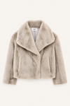 light grey fuzzy faux fur jacket on white plain flat lay background