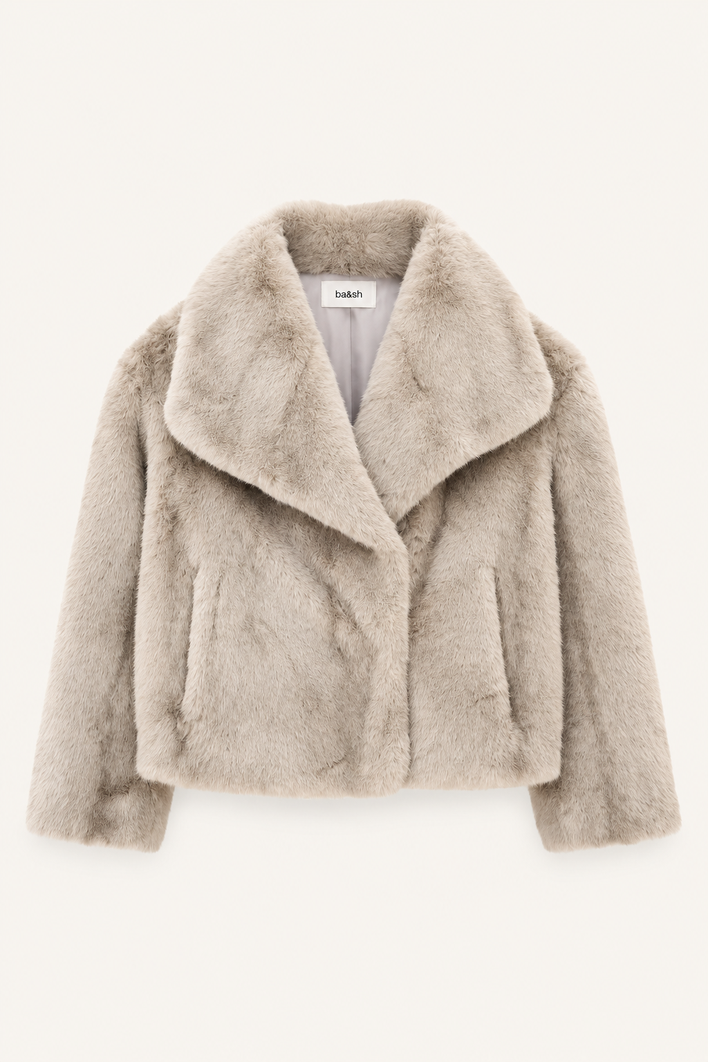 light grey fuzzy faux fur jacket on white plain flat lay background