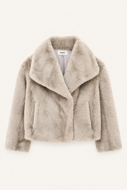 light grey fuzzy faux fur jacket on white plain flat lay background