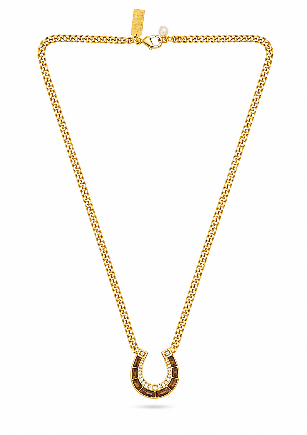 A gold chain necklace with a horseshoe-shaped pendant, displayed on a clean white background.