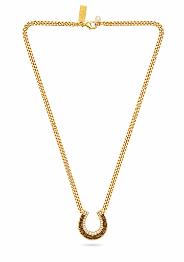 A gold chain necklace with a horseshoe-shaped pendant, displayed on a clean white background.