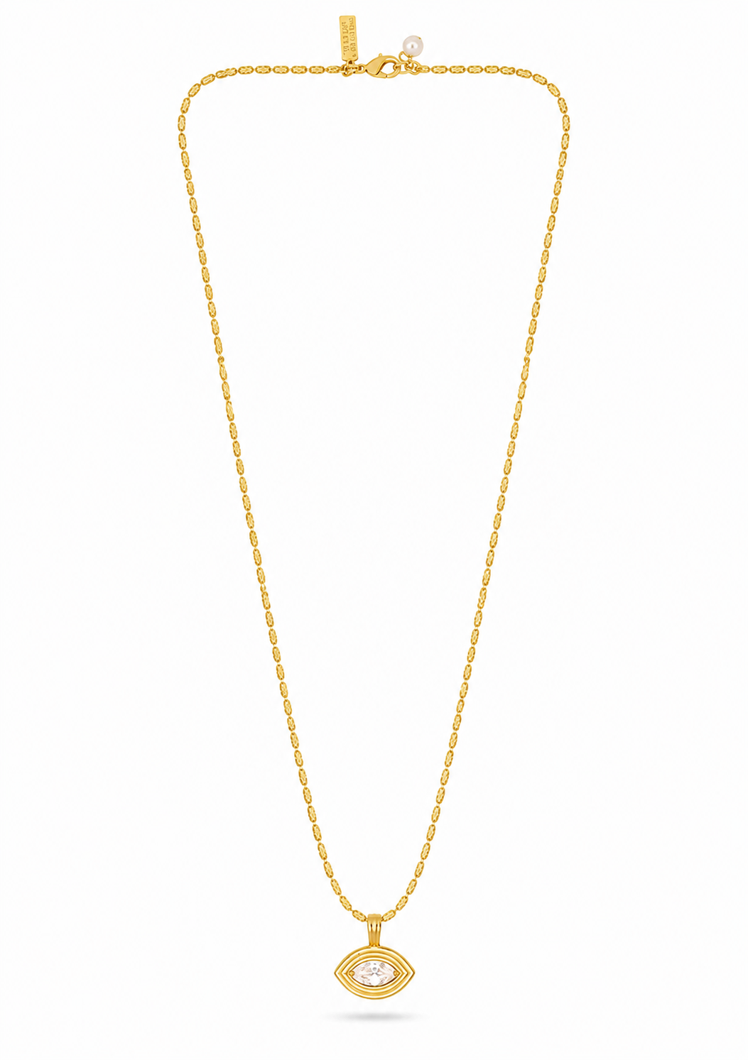 A gold chain necklace with a small oval pendant featuring a clear central stone, displayed against a plain white background.