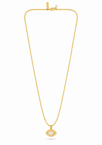 A gold chain necklace with a small oval pendant featuring a clear central stone, displayed against a plain white background.