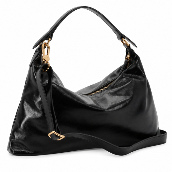 A black leather slouchy shoulder bag with gold-tone hardware, a top handle, and a detachable shoulder strap, shown on a plain white background.