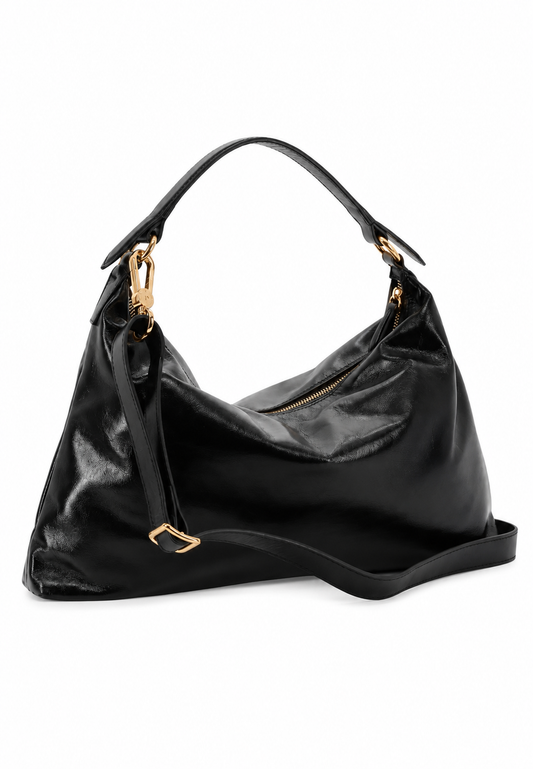 A black leather slouchy shoulder bag with gold-tone hardware, a top handle, and a detachable shoulder strap, shown on a plain white background.