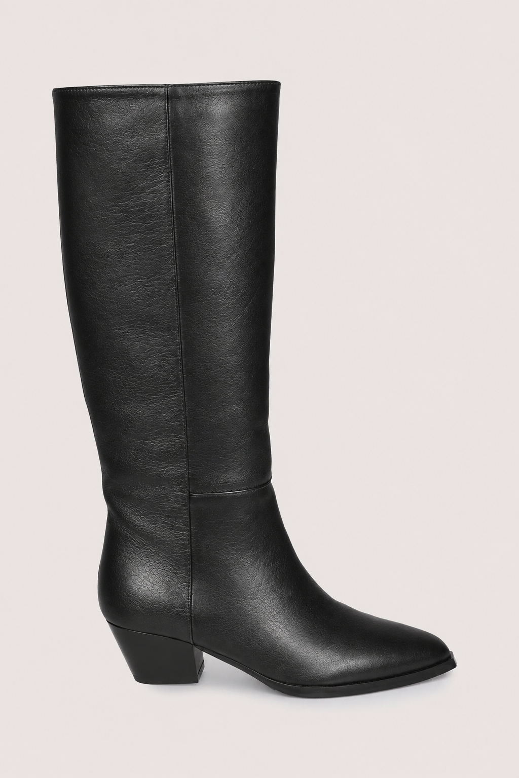 A single black leather knee-high boot with a low block heel and pointed toe, shown in profile against a light beige background.