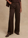 wide leg elasticated waist chocolate brown sateen trousers model shot