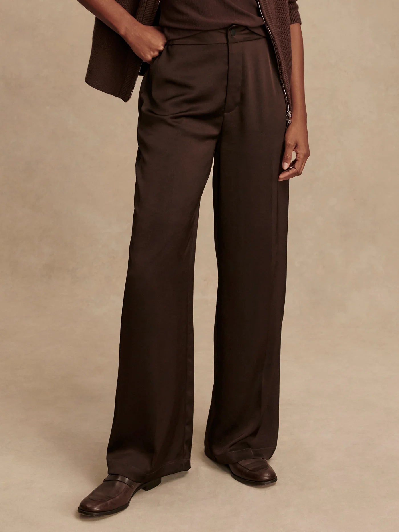 wide leg elasticated waist chocolate brown sateen trousers model shot