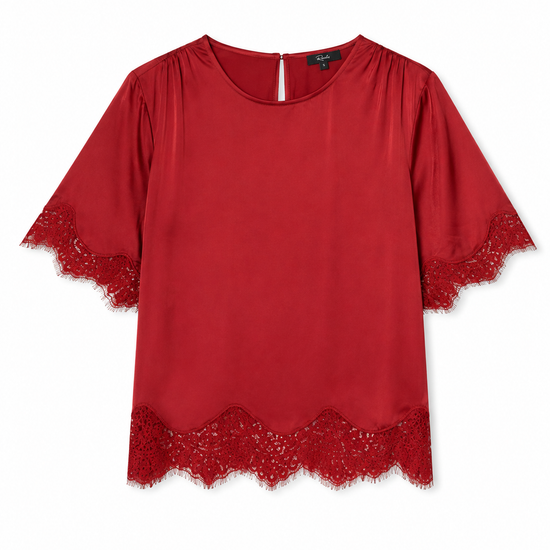 A red short-sleeve blouse with lace trim at the cuffs and hem, displayed flat against a white background.