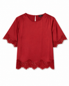 A red short-sleeve blouse with lace trim at the cuffs and hem, displayed flat against a white background.