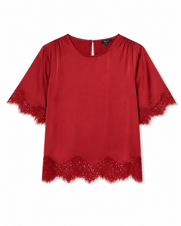 A red short-sleeve blouse with lace trim at the cuffs and hem, displayed flat against a white background.
