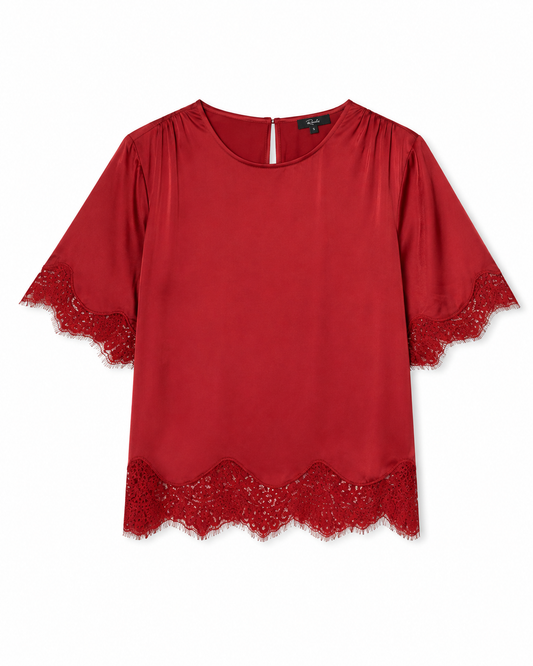 A red short-sleeve blouse with lace trim at the cuffs and hem, displayed flat against a white background.