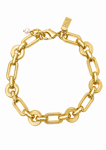 gold chunky link chain bracelet in a flat lay format on a white background 