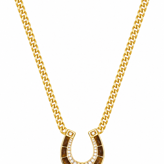 A gold chain necklace with a horseshoe-shaped pendant, displayed on a clean white background.