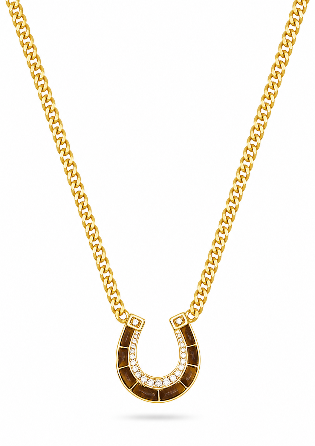 A gold chain necklace with a horseshoe-shaped pendant, displayed on a clean white background.