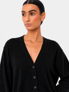 A woman wearing a black long-sleeve V-neck button-up cardigan sweater, shown from the chest up against a light gray studio background.