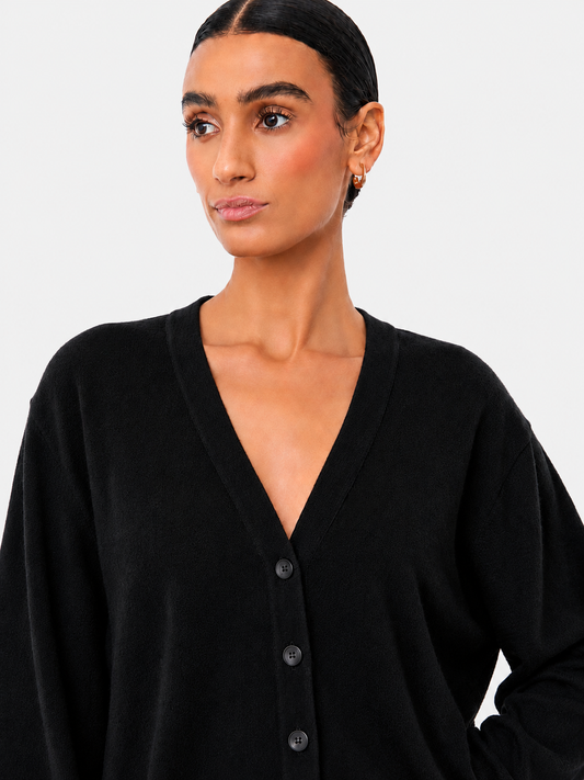 A woman wearing a black long-sleeve V-neck button-up cardigan sweater, shown from the chest up against a light gray studio background.