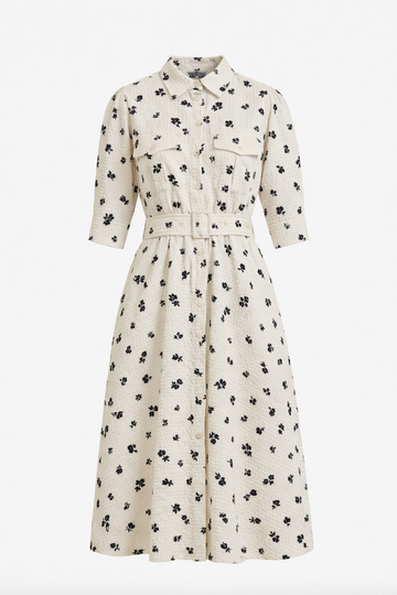 Floral shirt dress with elbow length sleeve and inseam pockets