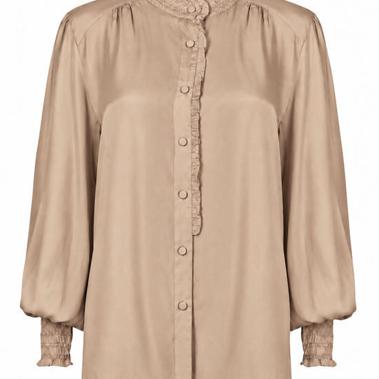 a beige long-sleeve blouse with a high gathered mock neck, decorative lace trim down the front, and voluminous balloon sleeves with textured lace cuffs, 