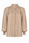 a beige long-sleeve blouse with a high gathered mock neck, decorative lace trim down the front, and voluminous balloon sleeves with textured lace cuffs, 