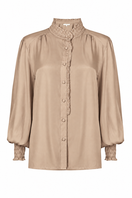 a beige long-sleeve blouse with a high gathered mock neck, decorative lace trim down the front, and voluminous balloon sleeves with textured lace cuffs, 