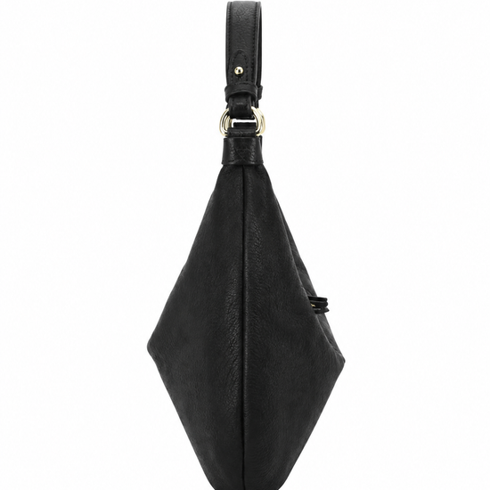 A black textured leather shoulder bag with a unique diamond-shaped silhouette and a single strap, featuring gold-tone hardware, shown against a plain white background.