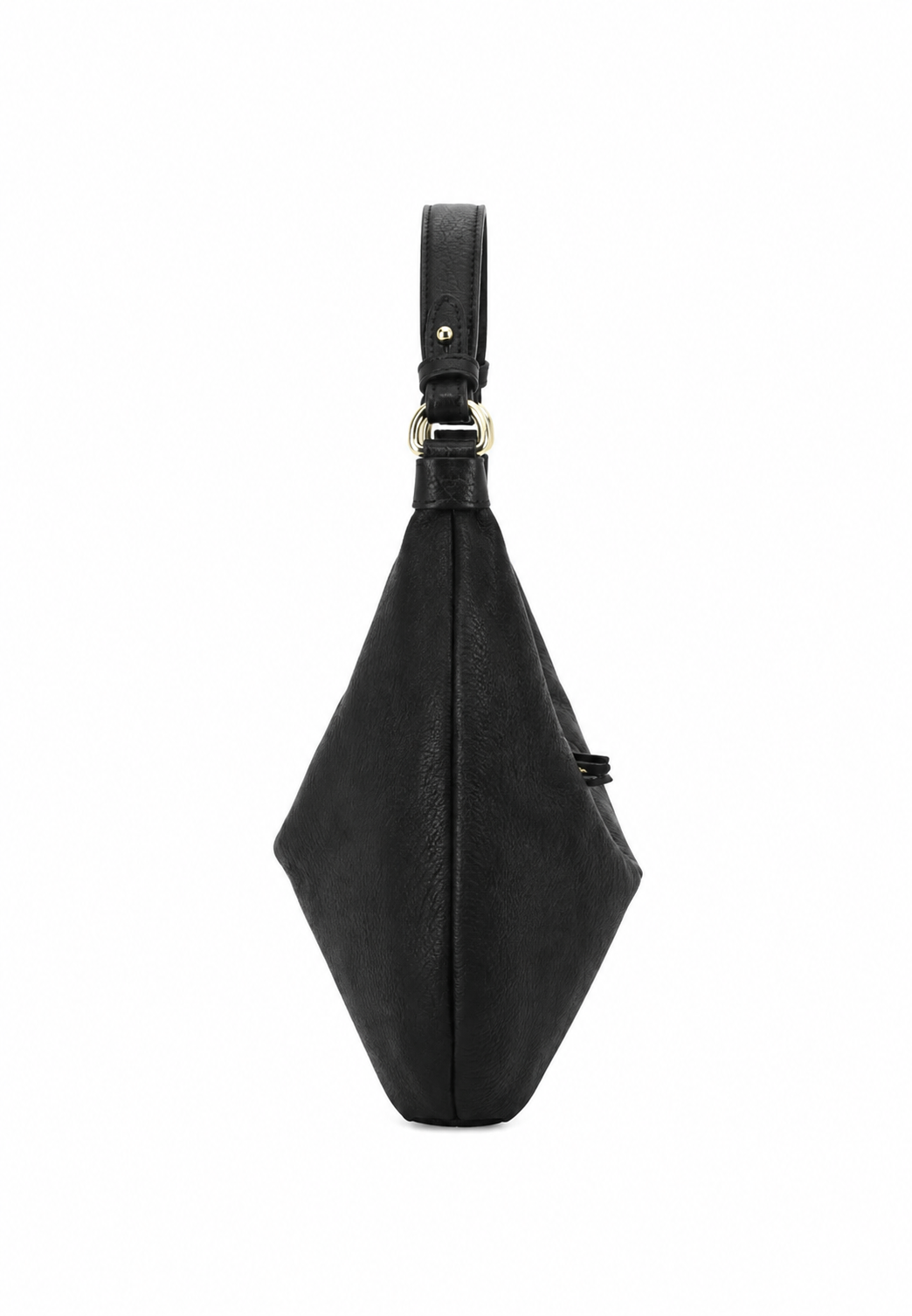 A black textured leather shoulder bag with a unique diamond-shaped silhouette and a single strap, featuring gold-tone hardware, shown against a plain white background.