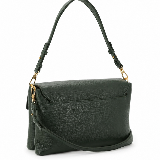 A dark green pebbled leather shoulder bag with gold-tone hardware, featuring a top handle and a detachable shoulder strap, shown against a plain white background.