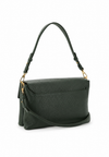 A dark green pebbled leather shoulder bag with gold-tone hardware, featuring a top handle and a detachable shoulder strap, shown against a plain white background.