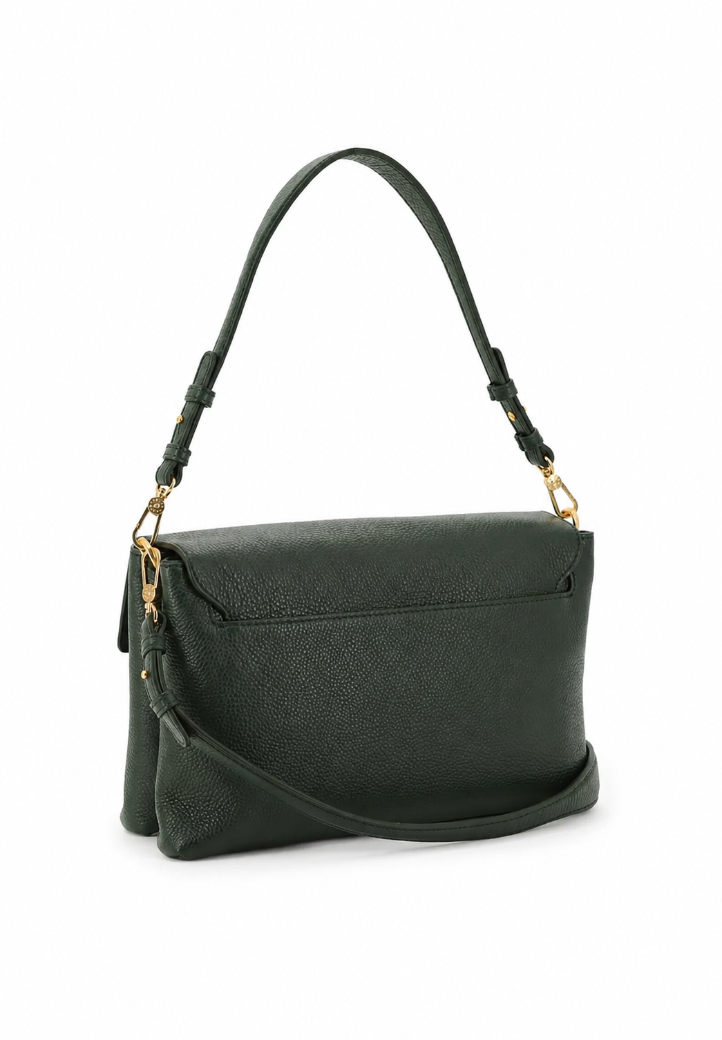 A dark green pebbled leather shoulder bag with gold-tone hardware, featuring a top handle and a detachable shoulder strap, shown against a plain white background.