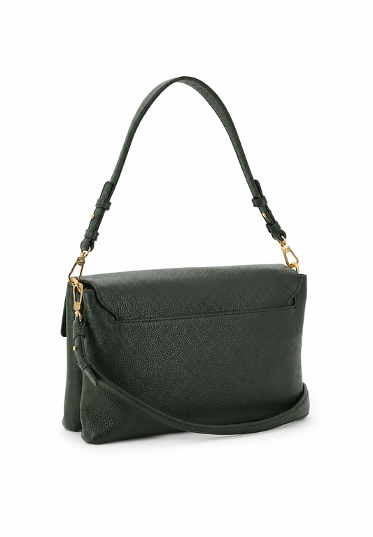 A dark green pebbled leather shoulder bag with gold-tone hardware, featuring a top handle and a detachable shoulder strap, shown against a plain white background.