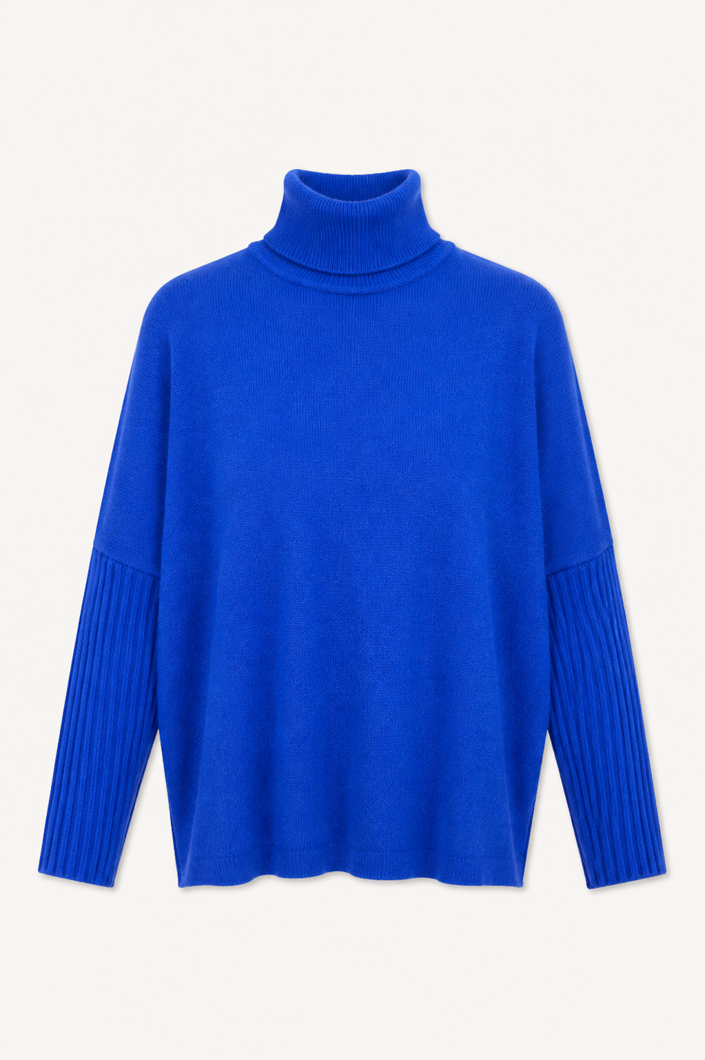flat lay image of a bright blue roll neck on a white background 