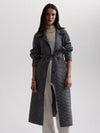 black houndstooth coat with tie belt model shot