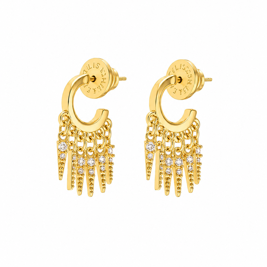 A pair of gold hoop earrings with dangling fringe chains and small clear stones, shown on a plain white background. The brand name 'ELLIS & KLEIN' is stamped on the inside of the hoops.