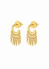 A pair of gold hoop earrings with dangling fringe chains and small clear stones, shown on a plain white background. The brand name 'ELLIS & KLEIN' is stamped on the inside of the hoops.