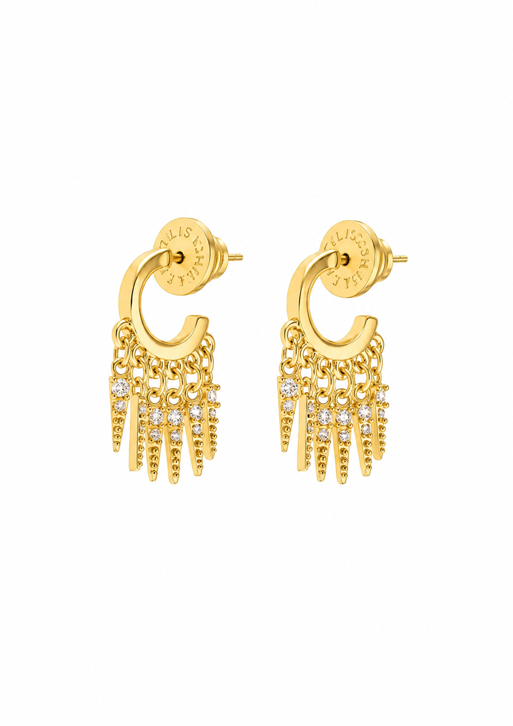 A pair of gold hoop earrings with dangling fringe chains and small clear stones, shown on a plain white background. The brand name 'ELLIS & KLEIN' is stamped on the inside of the hoops.