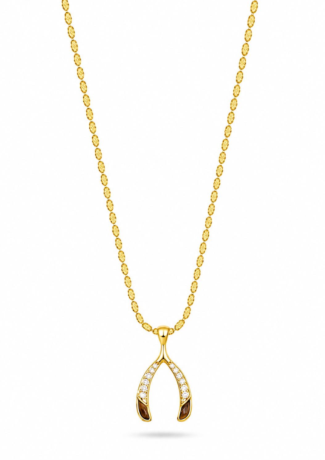 wishbone pendant with tigers eye and cz on a gold chain
