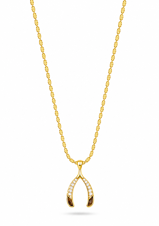 wishbone pendant with tigers eye and cz on a gold chain