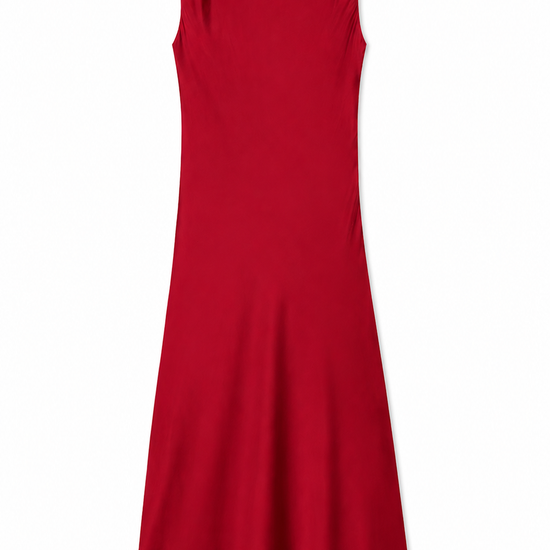 A sleeveless red midi dress with a round neckline and gathered shoulder details, shown flat against a white background.