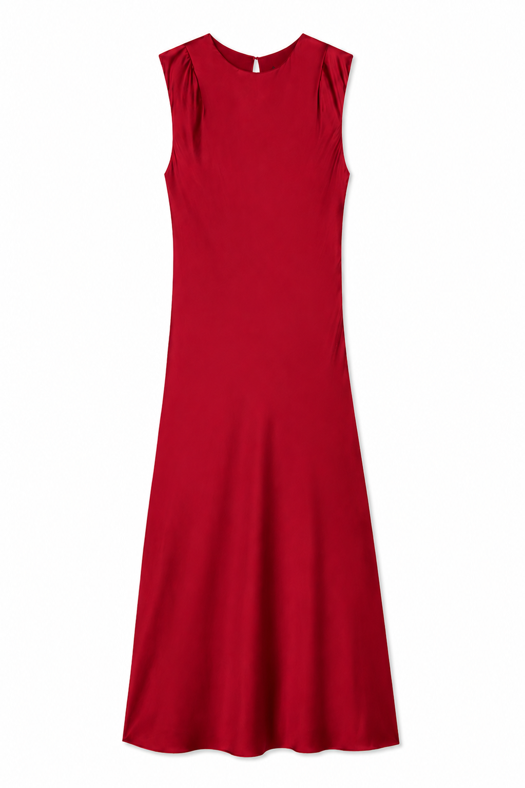 A sleeveless red midi dress with a round neckline and gathered shoulder details, shown flat against a white background.
