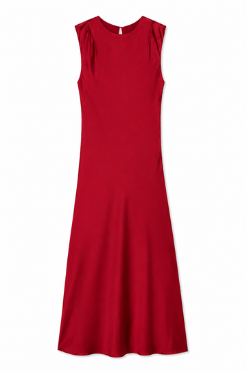 A sleeveless red midi dress with a round neckline and gathered shoulder details, shown flat against a white background.