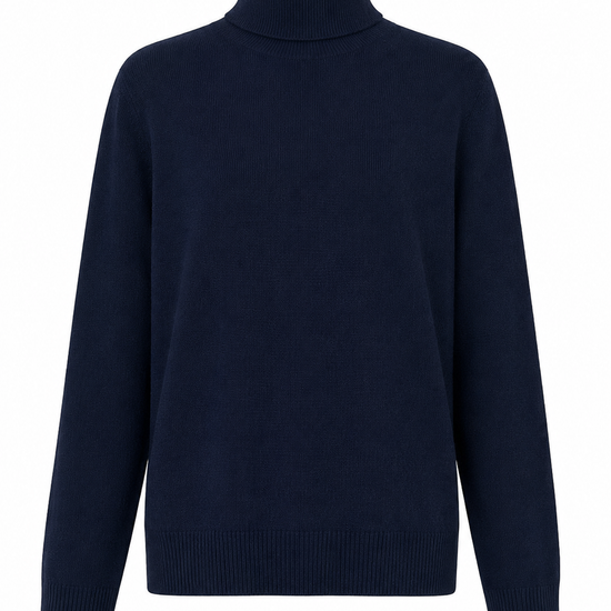 A dark navy blue knit turtleneck sweater displayed on a clean white background.