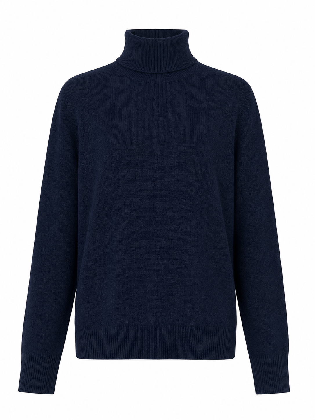 A dark navy blue knit turtleneck sweater displayed on a clean white background.