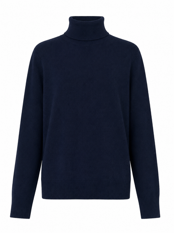 A dark navy blue knit turtleneck sweater displayed on a clean white background.