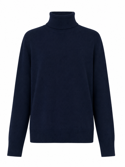 A dark navy blue knit turtleneck sweater displayed on a clean white background.