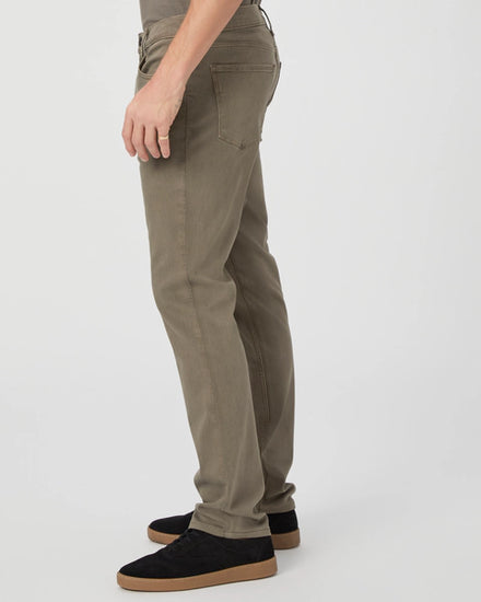 mushroom brown slim straight jeans with black button side view 