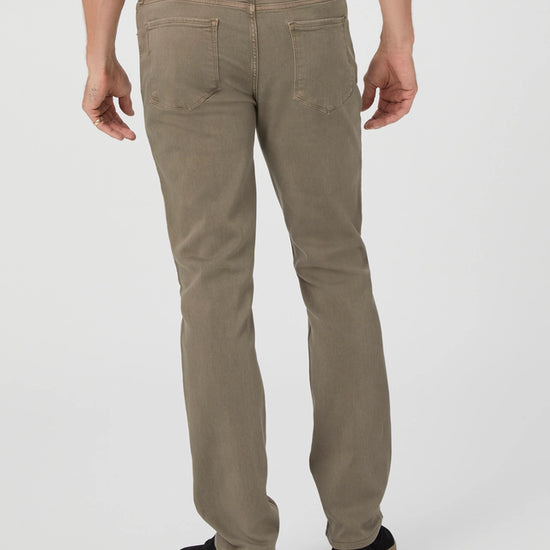 mushroom brown slim straight jeans with black button rear view 