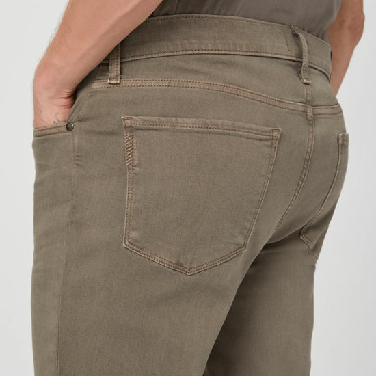 mushroom brown slim straight jeans with black button close up of rear view 