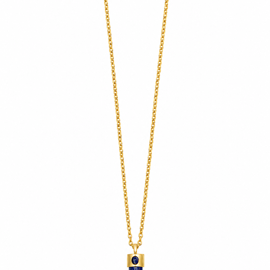 A gold chain necklace featuring a curved blue lapis lazuli pendant with a gold cap and a small dark blue inlay, shown against a plain white background.
